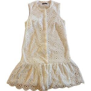 Trina Turk Dress Womens Size S White Floral Eyelet Shift Ruffle Hem Knee